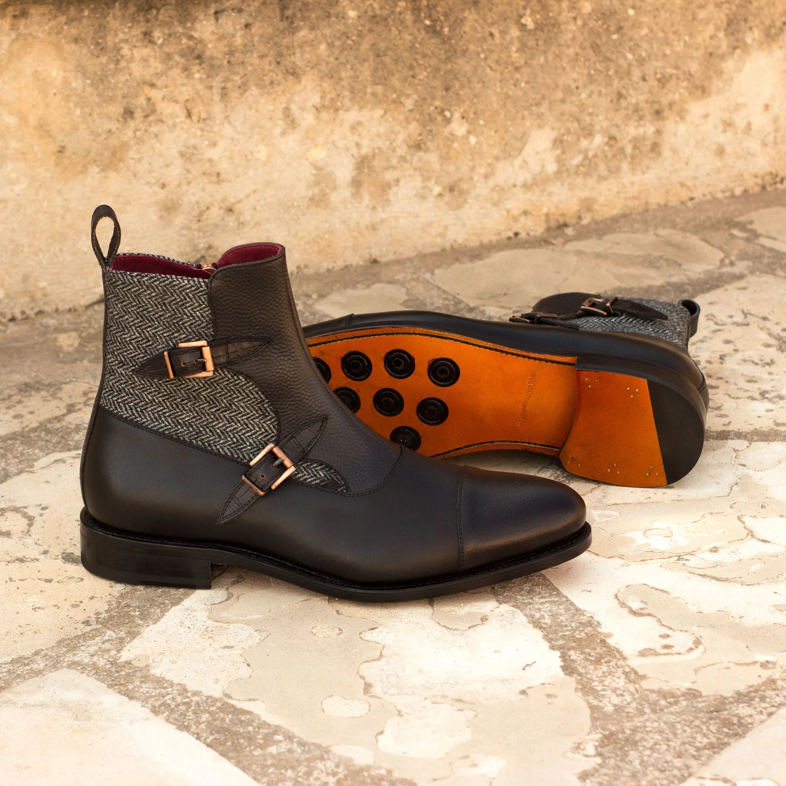 Okavango Octavian Boots Black Leather and Grey Tweed Atelier 5