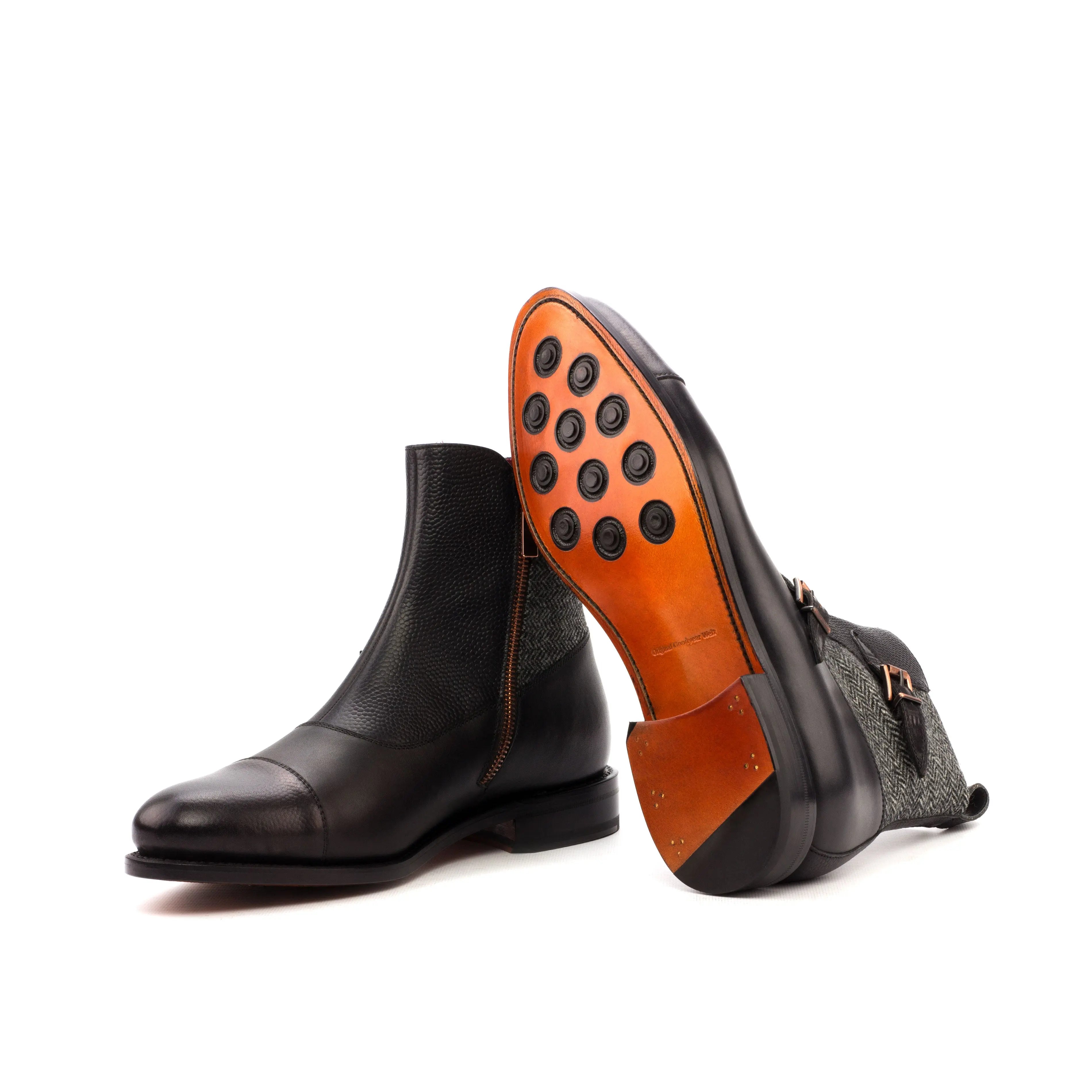 Okavango Octavian Boots Black Leather and Grey Tweed Atelier 5