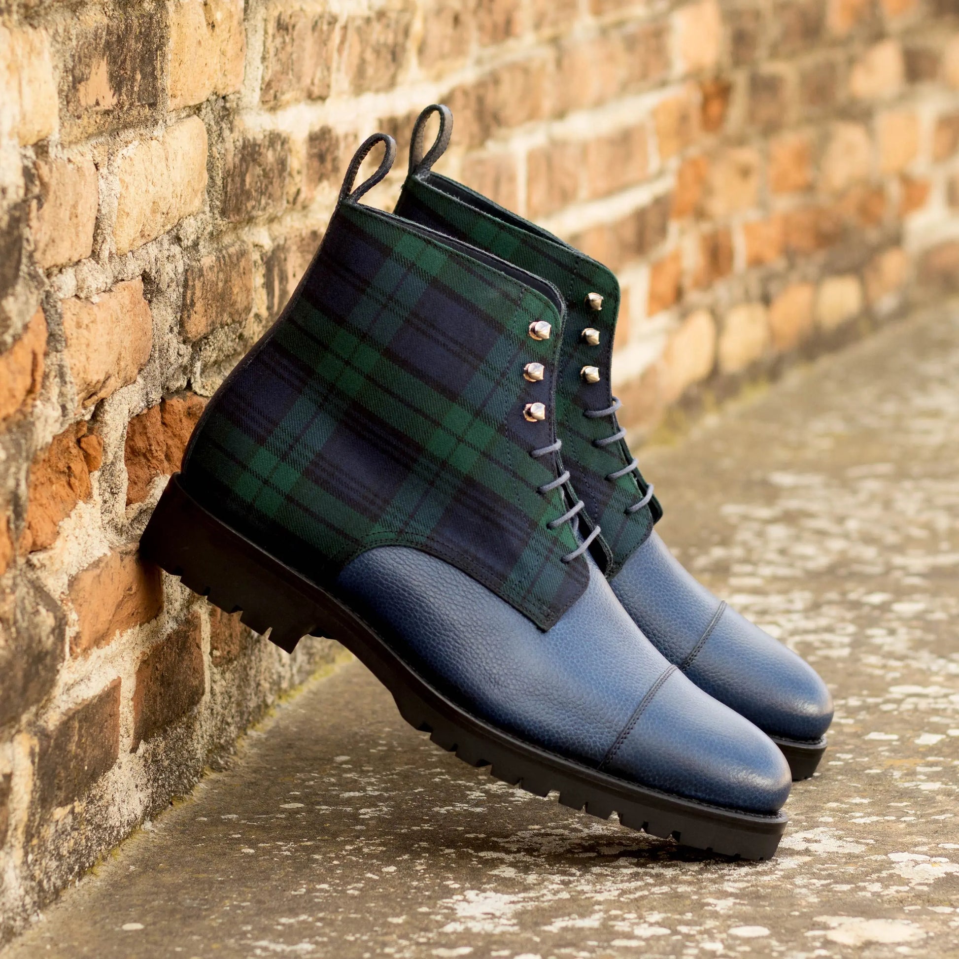Sahara - Navy Blue Leather and Tartan Fabric - Atelier 5 weeks LION BOOTS