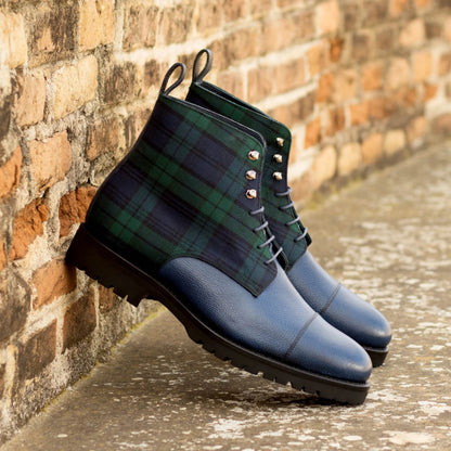 Sahara - Navy Blue Leather and Tartan Fabric - Atelier 5 weeks LION BOOTS