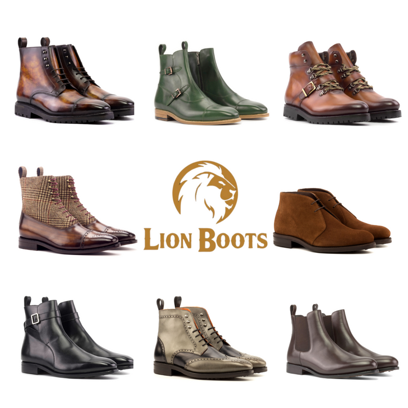 Collection of men's boots in various styles and colors with Lion Boots logo.