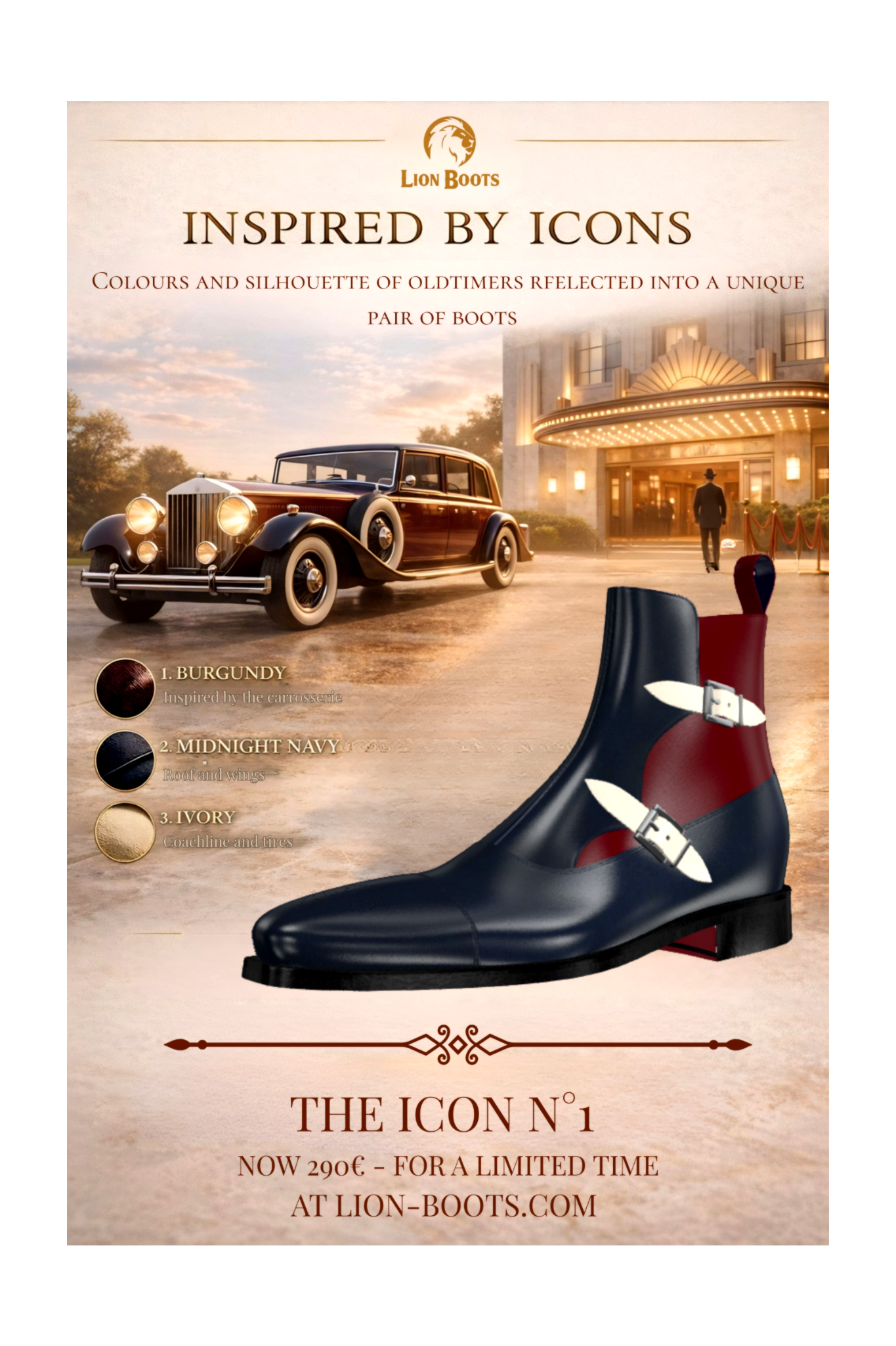 Advertisement for Lion Boots with a navy and burgundy boot, and vintage car in the background.