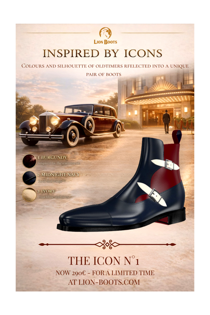 Advertisement for Lion Boots with a navy and burgundy boot, and vintage car in the background.