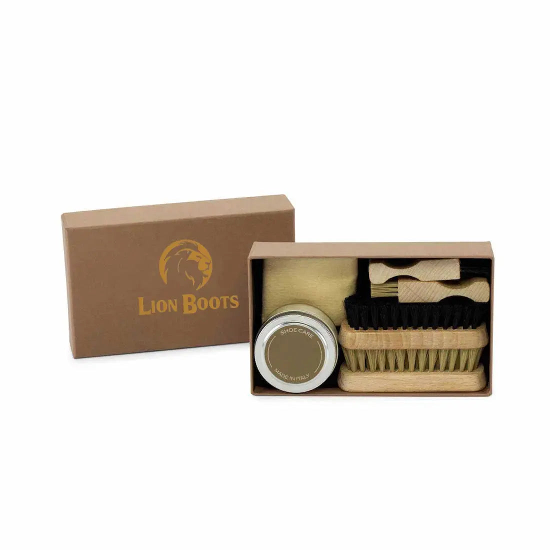 Boot cleaning kit with tools and cream in a Lion Boots branded box